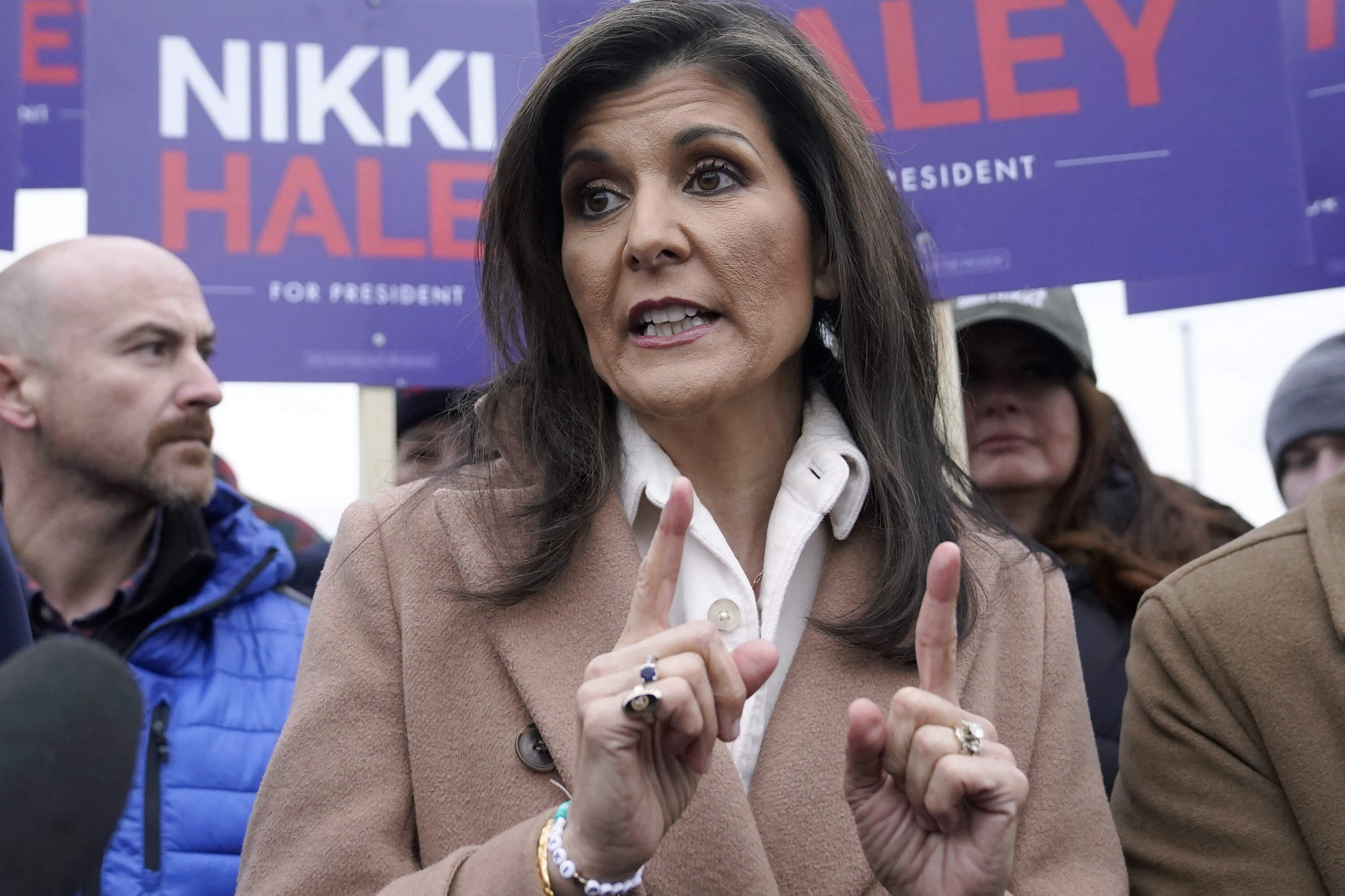 Republican presidential candidate former U.N. Ambassador Nikki Haley addresses members of the media, Tuesday, Jan. 23, 2024, near a polling site at Winnacunnet High School, in Hampton, N.H. (Steven Senne/AP)