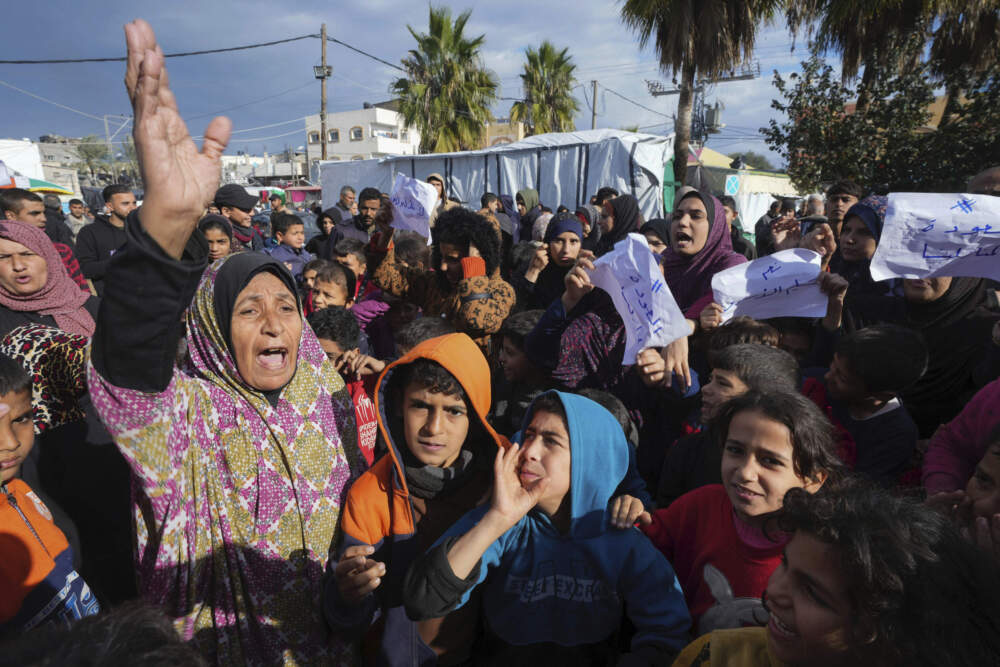Palestinian protesters demand an end to the war with Israel and call for the release of the Israeli hostages held in the Gaza Strip by the Hamas militant group, in Deir al Balah, Gaza Strip, on Wednesday, Jan. 24, 2024. (Adel Hana/AP)