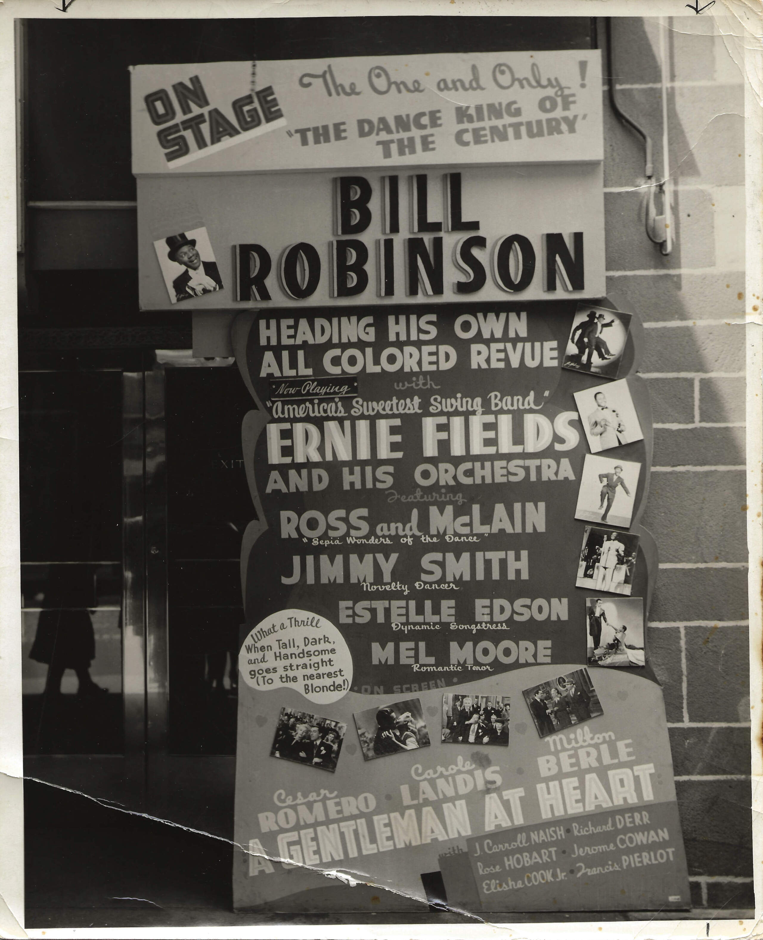 A sign promoting a performance by Bill "Bojangles" Robinson with Ernie Fields and his orchestra. (Courtesy Carmen Fields)