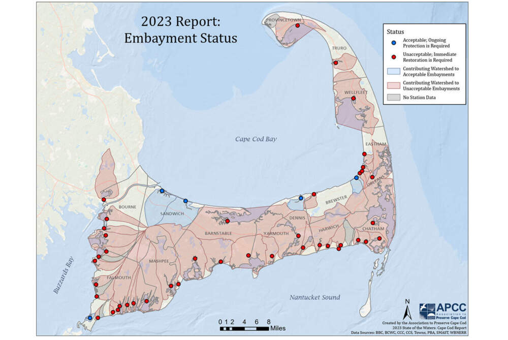 A map showing all the polluted coastal bays in Cape Cod as of 2023.