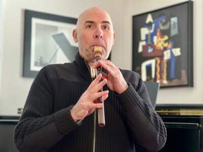 Eric Shimelonis plays the balaban, a wind instrument found in regions of the Republic of Azerbaijan, Iran and Turkey. (credit: Rebecca Sheir)