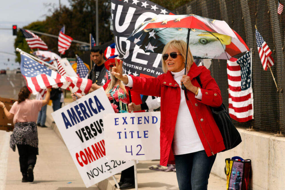 A group of people supporting former President Trump held a rally in Chula Vista on May 10, 2023, in support of Trump and in opposition to the end of Title 42. (Carolyn Cole / Los Angeles Times via Getty Images)