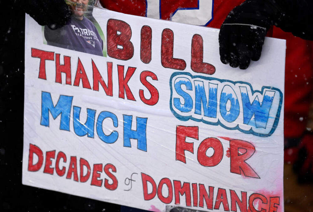 New England Patriots fans hold a sign "Bill, thanks snow much for decades of dominance" during a game against the New York Jets at Gillette Stadium on Jan. 07, 2024 in Foxborough, Massachusetts. (Billie Weiss/Getty Images)
