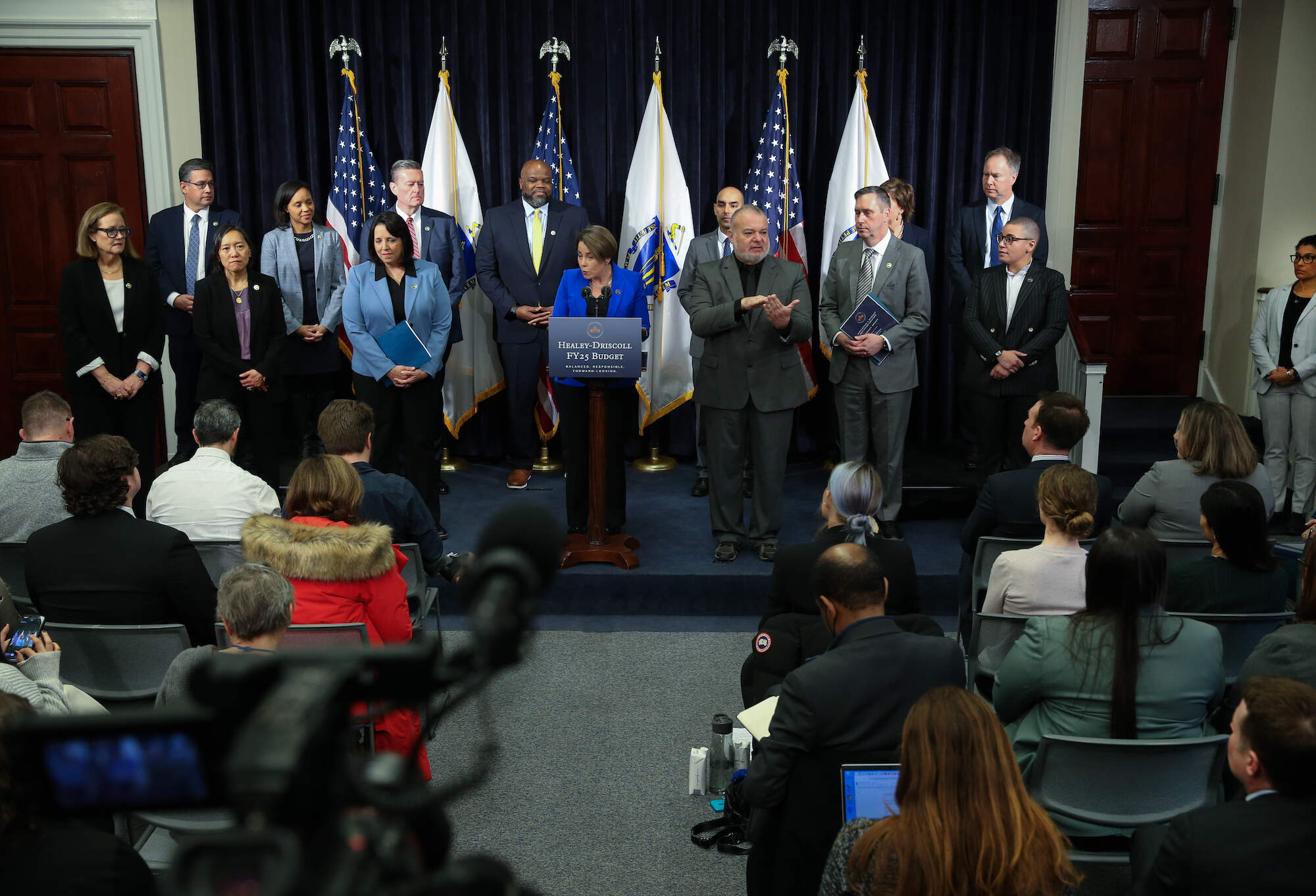 Boston, MA - January 24: Massachusetts Governor Maura Healey held an afternoon news conference to announce her 2025 state budget plan. at the Massachusetts State House. (Photo by Jonathan Wiggs/The Boston Globe via Getty Images)