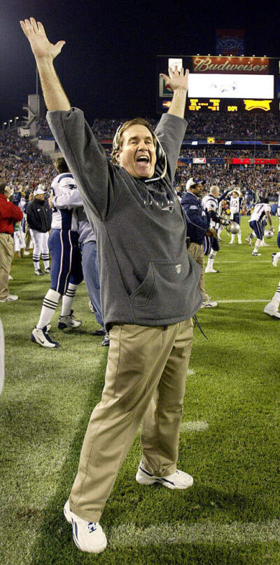 Head coach Bill Belichick of the New England Patriots celebrates on Feb. 6, 2005 after winning Super Bowl XXXIX at Alltel Stadium in Jacksonville, Florida. The Patriots won 24-21 to take their second straight Super Bowl and third in four years.  (Jeff Haynes/AFP via Getty Images)
