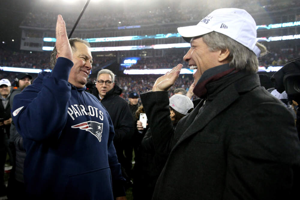New England Patriots head coach Bill Belichick celebrates with Jon Bon Jovi after the Patriots defeated the Steelers 36-17 to win the AFC Championship Game at Gillette Stadium on January 22, 2017 in Foxboro, Massachusetts. (Patrick Smith/Getty Images)