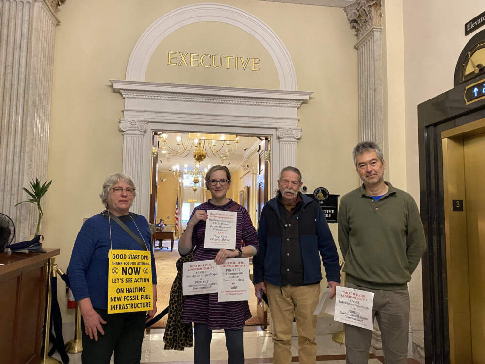 Massachusetts residents Mary Lang, Andrea Honore, Jerry Grenier and Nathan Phillips delivered a letter to Gov. Healey urging her to oppose Project Maple. (Courtesy of Andrea Honore)