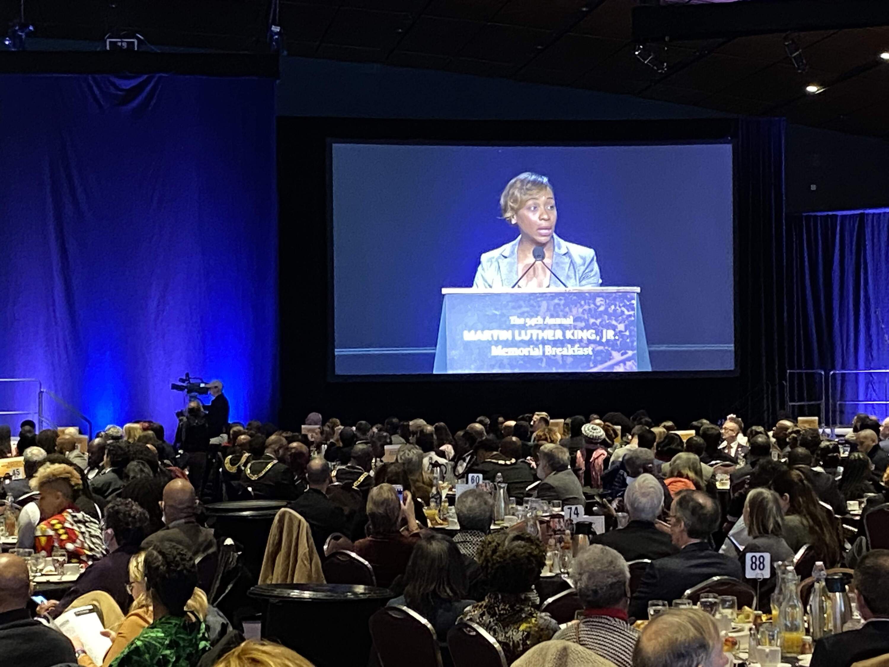 Attorney General Andrea Campbell speaking at the 2024 Martin Luther King Jr., memorial breakfast. Photo by Barbara Moran