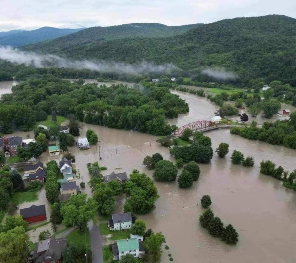 Floodwaters cover the Volunteers Green in Richmond in July 2023. (Courtesy of Richmond Fire Department via Vermont Public)