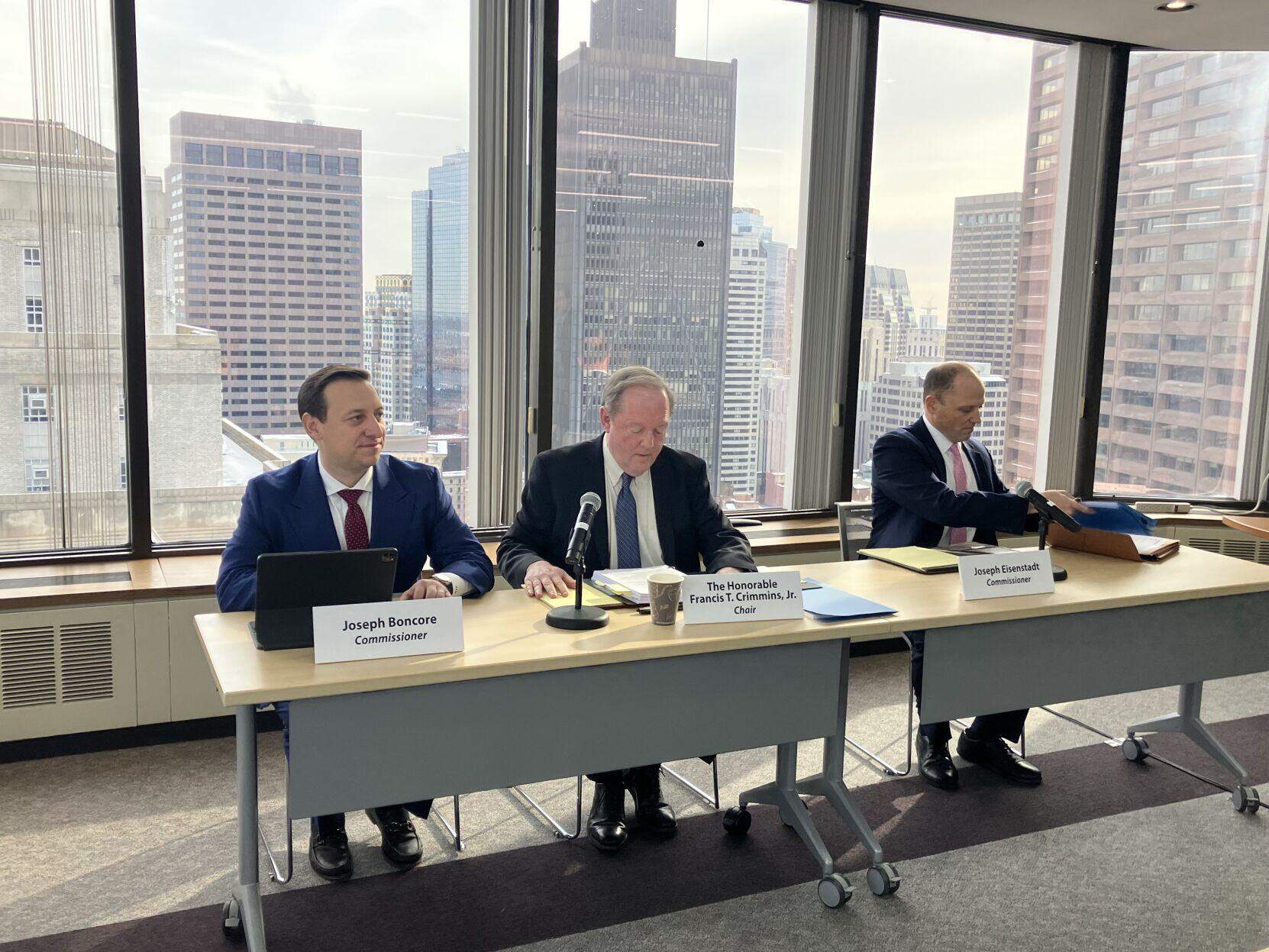 The State Ballot Law Commission met Thursday, Jan. 18, 2024 for an initial hearing on challenges to former President Donald Trump's place on the Massachusetts primary ballot. (SHNS)