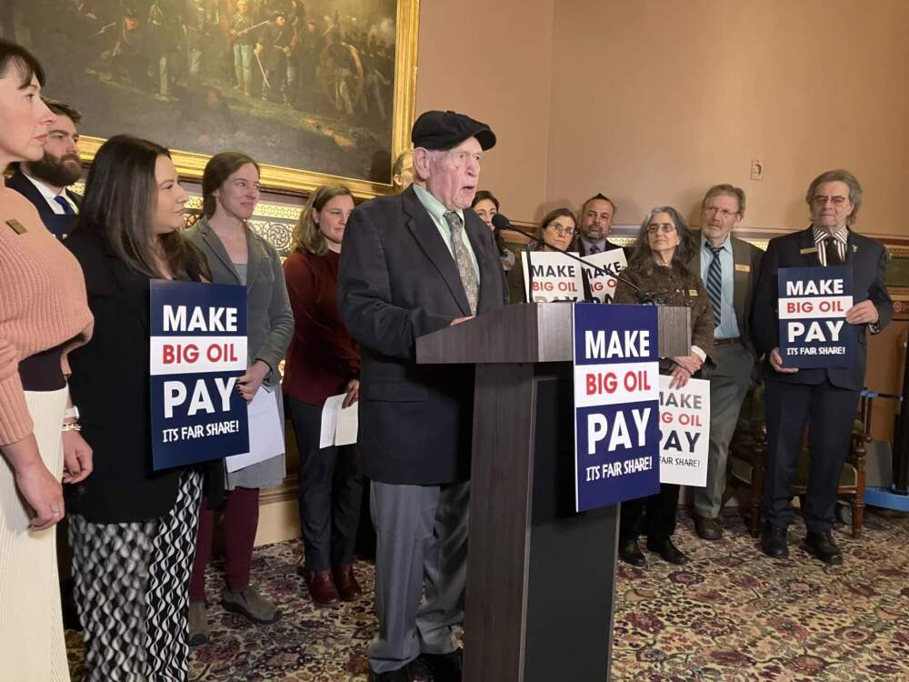 Sen. Dick Sears, a Democrat from Bennington, voices his support for the Climate Superfund Act at a press conference on Jan. 16. (Abagael Giles/Vermont Public)