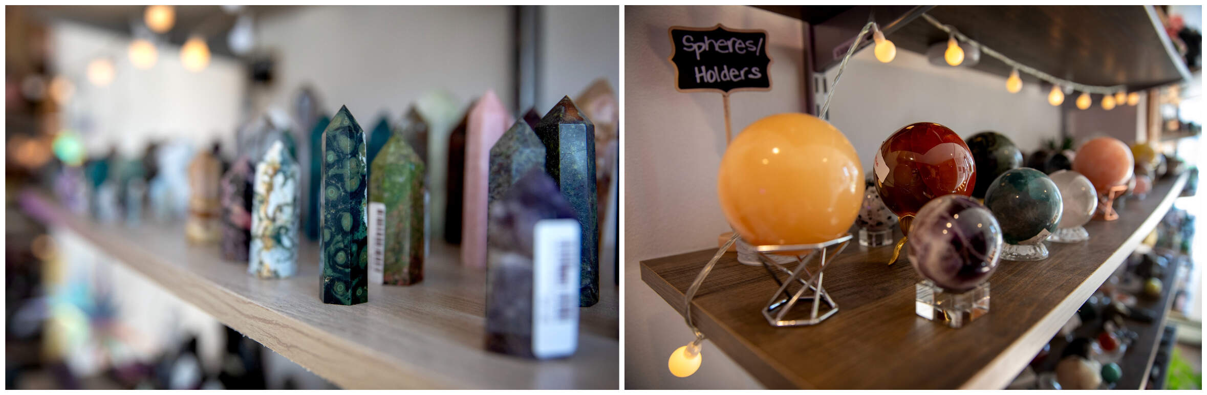 The walls of the shop are lined with different crystals. (Robin Lubbock/WBUR)