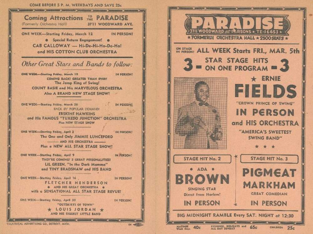 A flier advertises a performance for Ernie Fields and his orchestra. (Courtesy Carmen Fields)