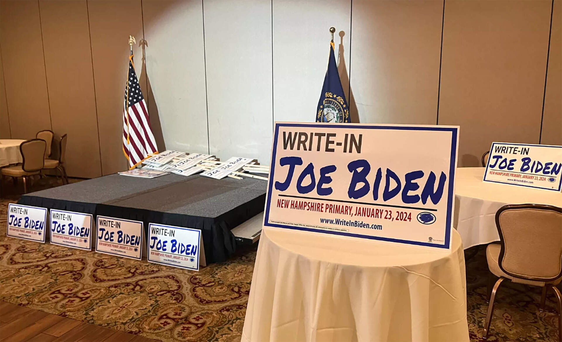 The headquarters of the write-in Joe Biden campaign at the Puritan Backroom in Manchester. (Rebecca Lavoie/NHPR)