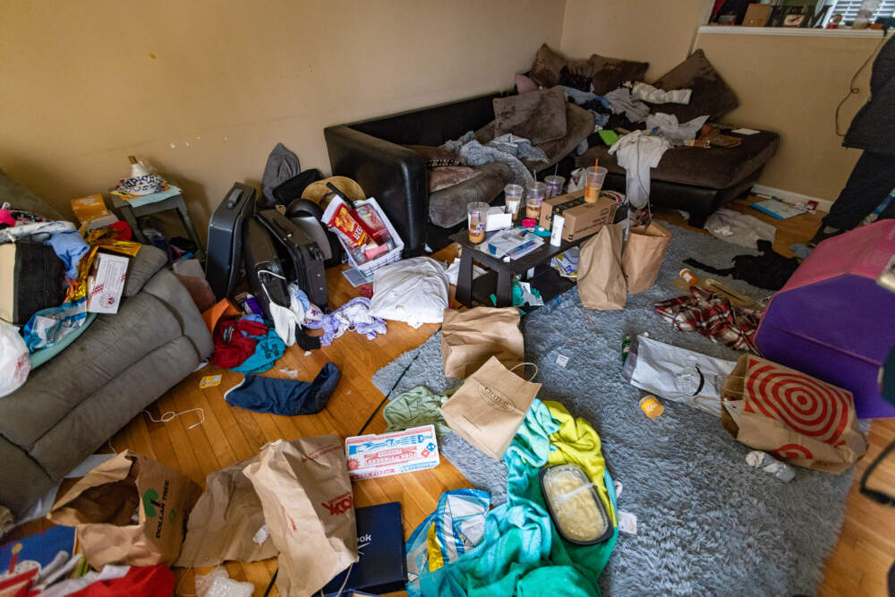 The living room the Avitabiles found when they walked into their townhouse for the first time in two years. (Jesse Costa/WBUR)