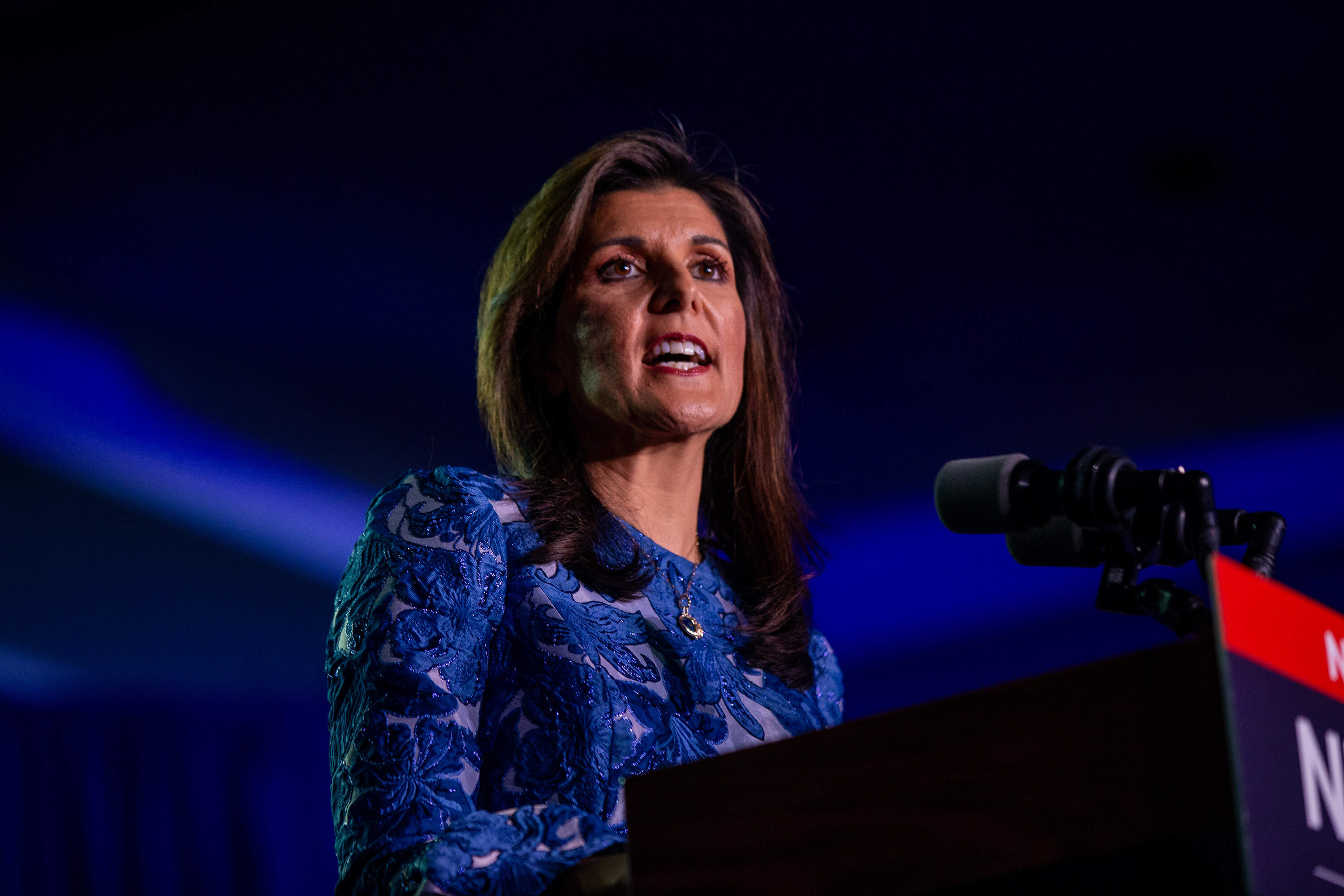 Nikki Haley speaks to supporters at Grappone Conference Center in Concord after her loss to Donald Trump in the New Hampshire Primary. (Jesse Costa/WBUR)