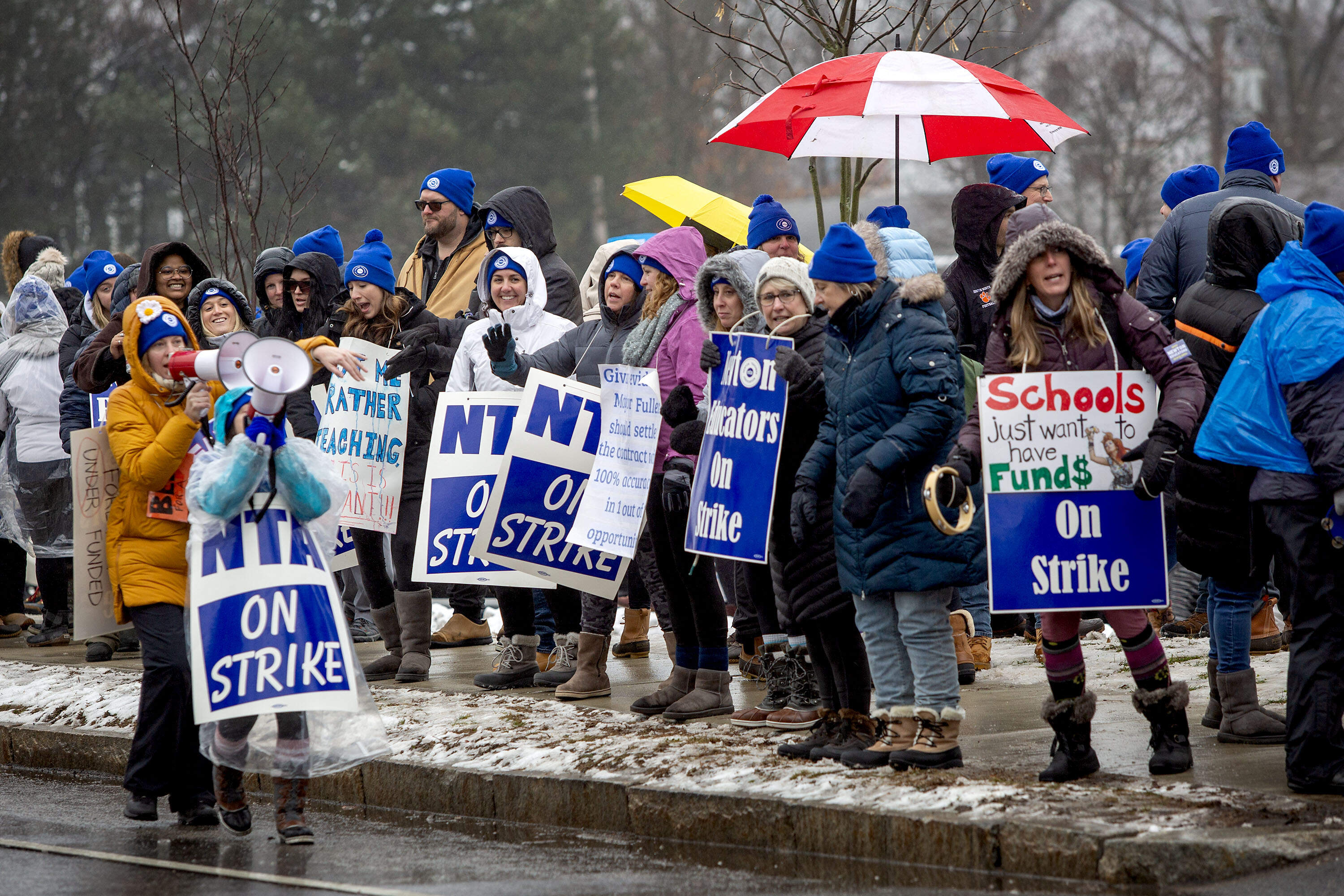 Striking members of the Newton Teachers Association in January 2024. (Robin Lubbock/WBUR)