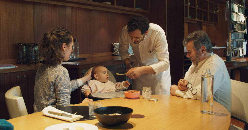 Chef Michel Troisgros (right) with his son César (second from right) and his family in a still from director Frederick Wiseman's &quot;Menus-Plaisirs – Les Troisgros.&quot; (Courtesy Zipporah Films Inc.)