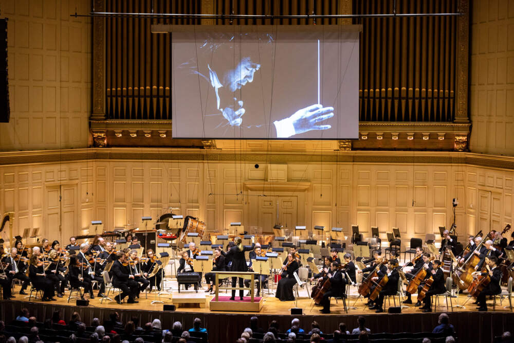 The Boston Symphony Orchestra pays tribute to Seiji Ozawa at Symphony Hall on Friday, Feb. 9, the day the news of his death was announced. (Jesse Costa/WBUR)