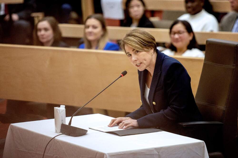 Gov. Maura Healey speaks at a hearing for Gabrielle R. Wolohojian at the Massachusetts State House. (Robin Lubbock/WBUR)