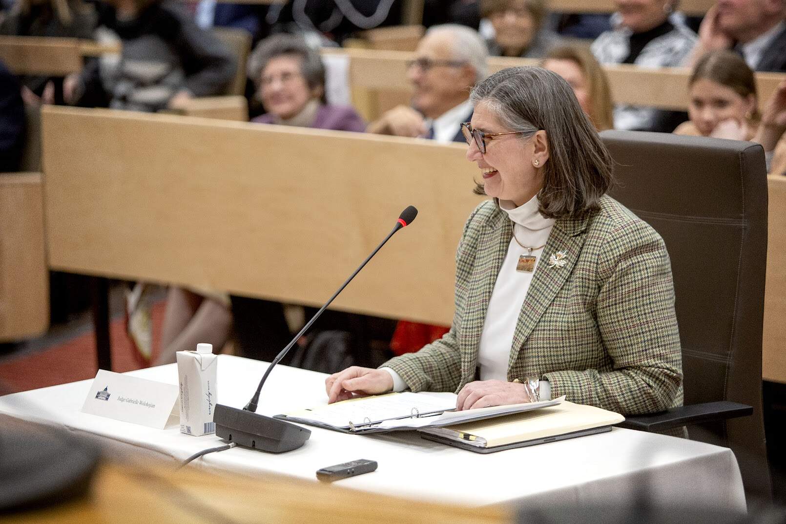 State appellate judge Gabrielle R. Wolohojian speaks at her hearing at the State House for position on the Massachusetts Supreme Judicial Court. (Robin Lubbock/WBUR)