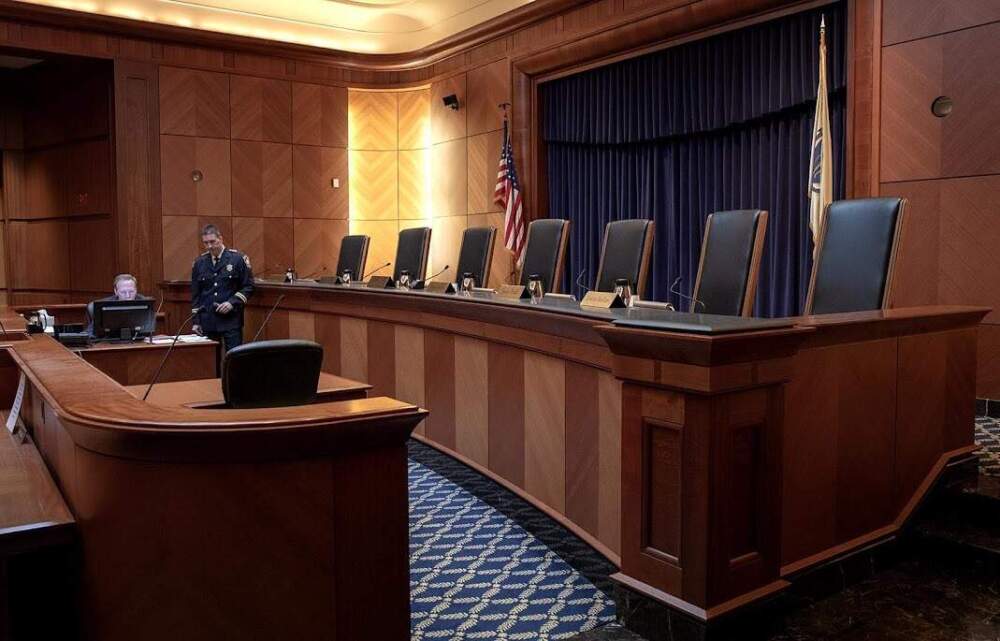 The seven justices’ chairs at the Massachusetts Supreme Judicial Court, pictured in 2019. (Robin Lubbock/WBUR)