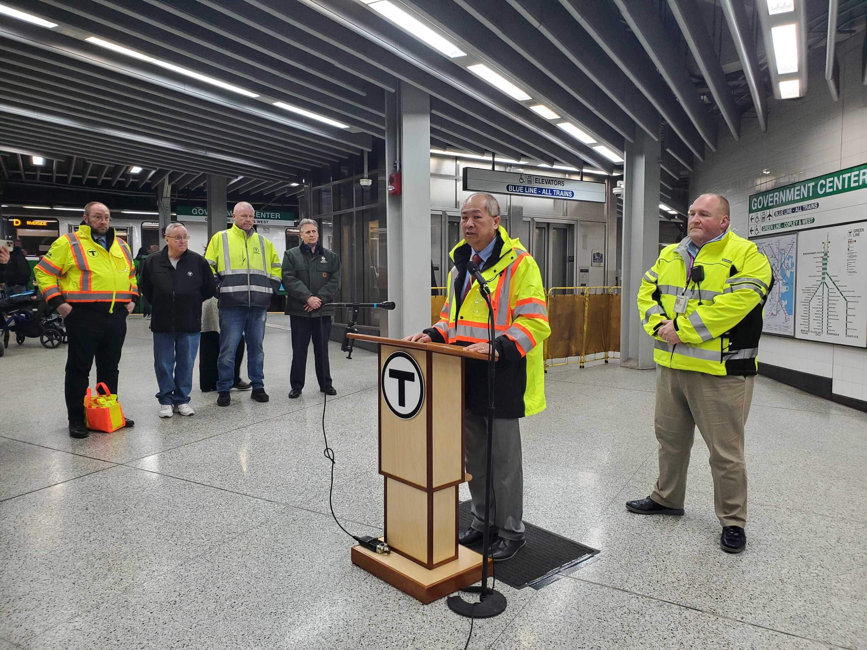 MBTA General Manager Phillip Eng addresses reporters following a power failure that knocked three subway lines out of service. (Zeninjor Enwemeka/WBUR)