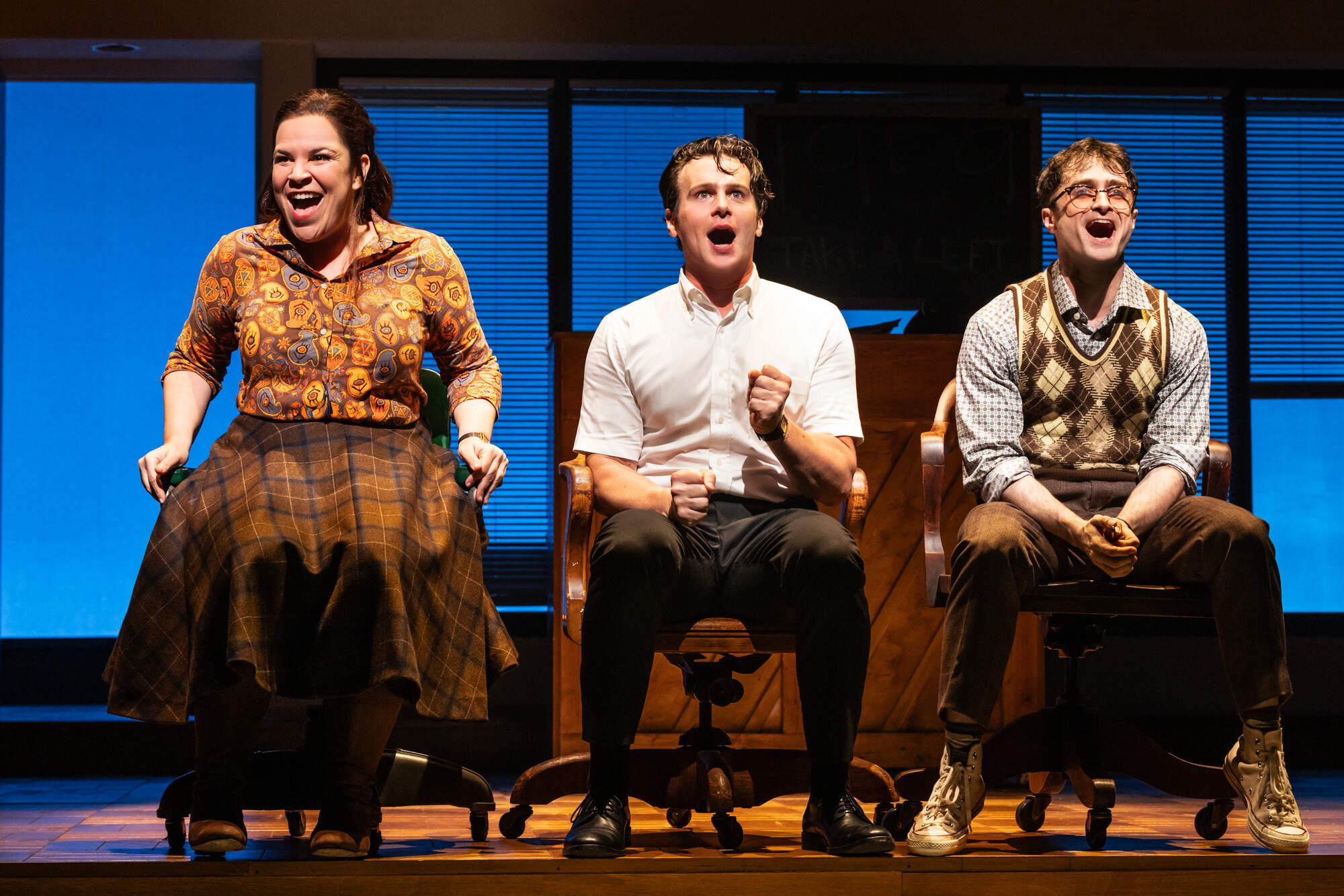 Lindsay Mendez (left), Jonathan Groff (center) and Daniel Radcliffe (right) star in Broadway's "Merrily We Roll Along." (Matthew Murphy)