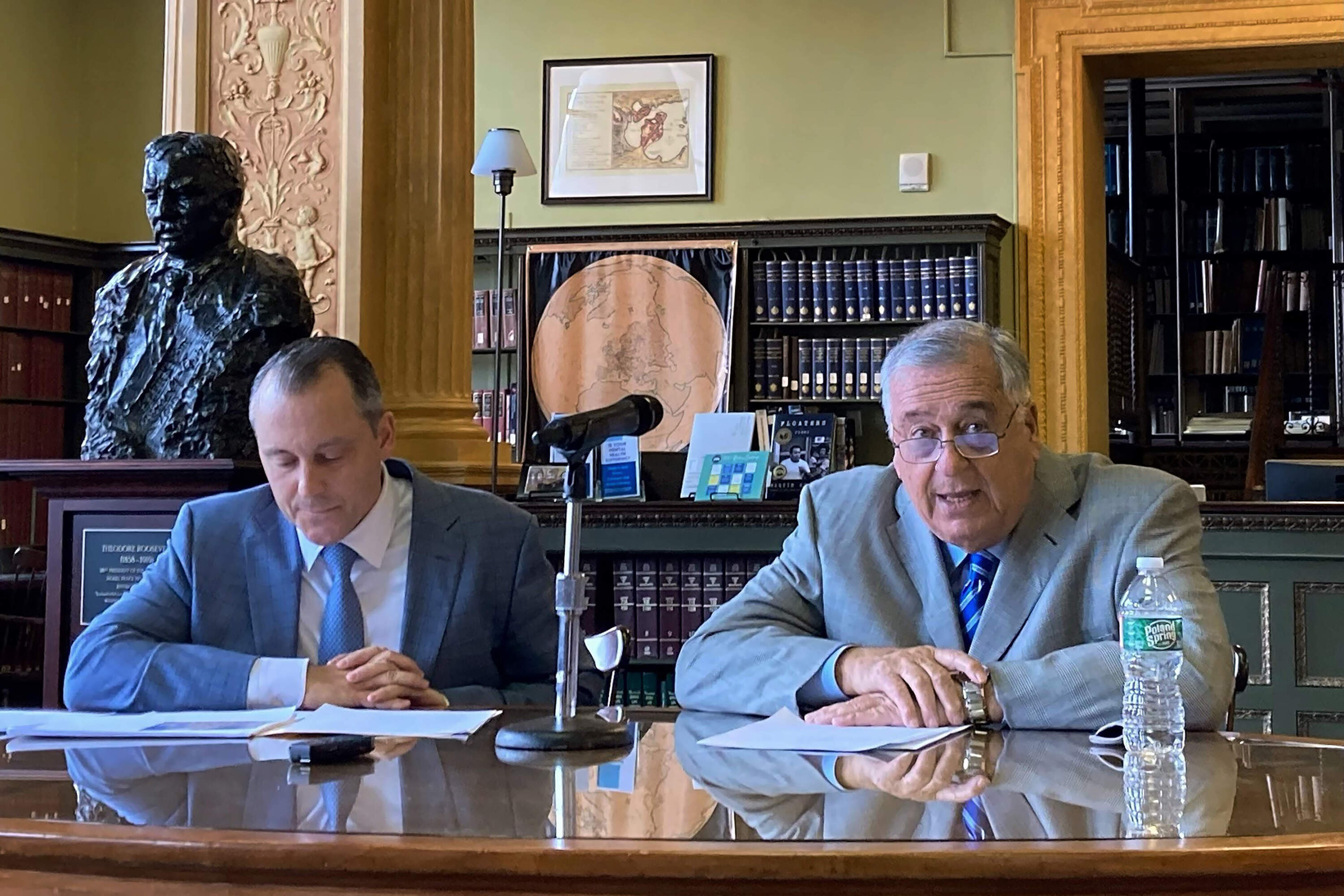 Massachusetts House Ways and Means Chair Aaron Michlewitz, left, and House Speaker Ronald Mariano during a press conference last April. (Steve LeBlanc/AP)