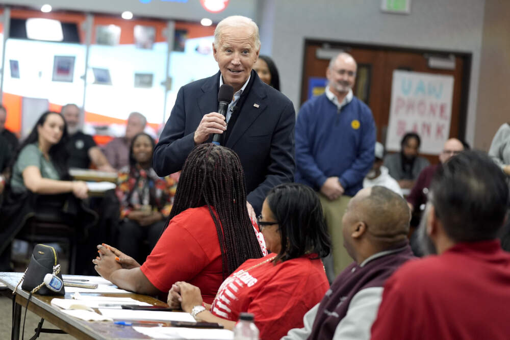 President Joe Biden addresses UAW members during a campaign stop in Michigan. (Evan Vucci/AP)