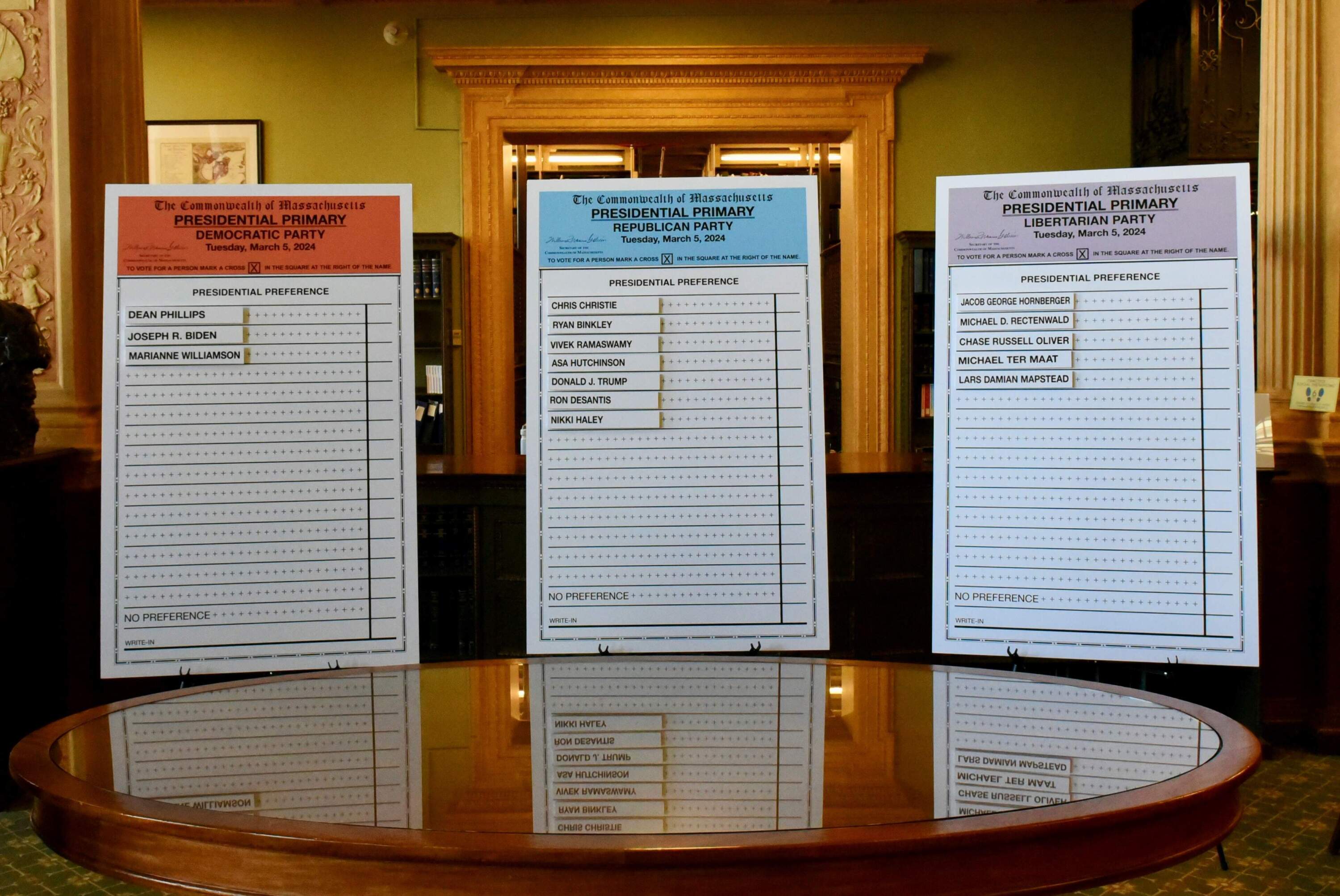 The order of the names of candidates that will appear on then Massachusetts Presidential Primary ballot, set after a drawing by Secretary of State William Galvin. (Courtesy of the Massachusetts Secretary of State)