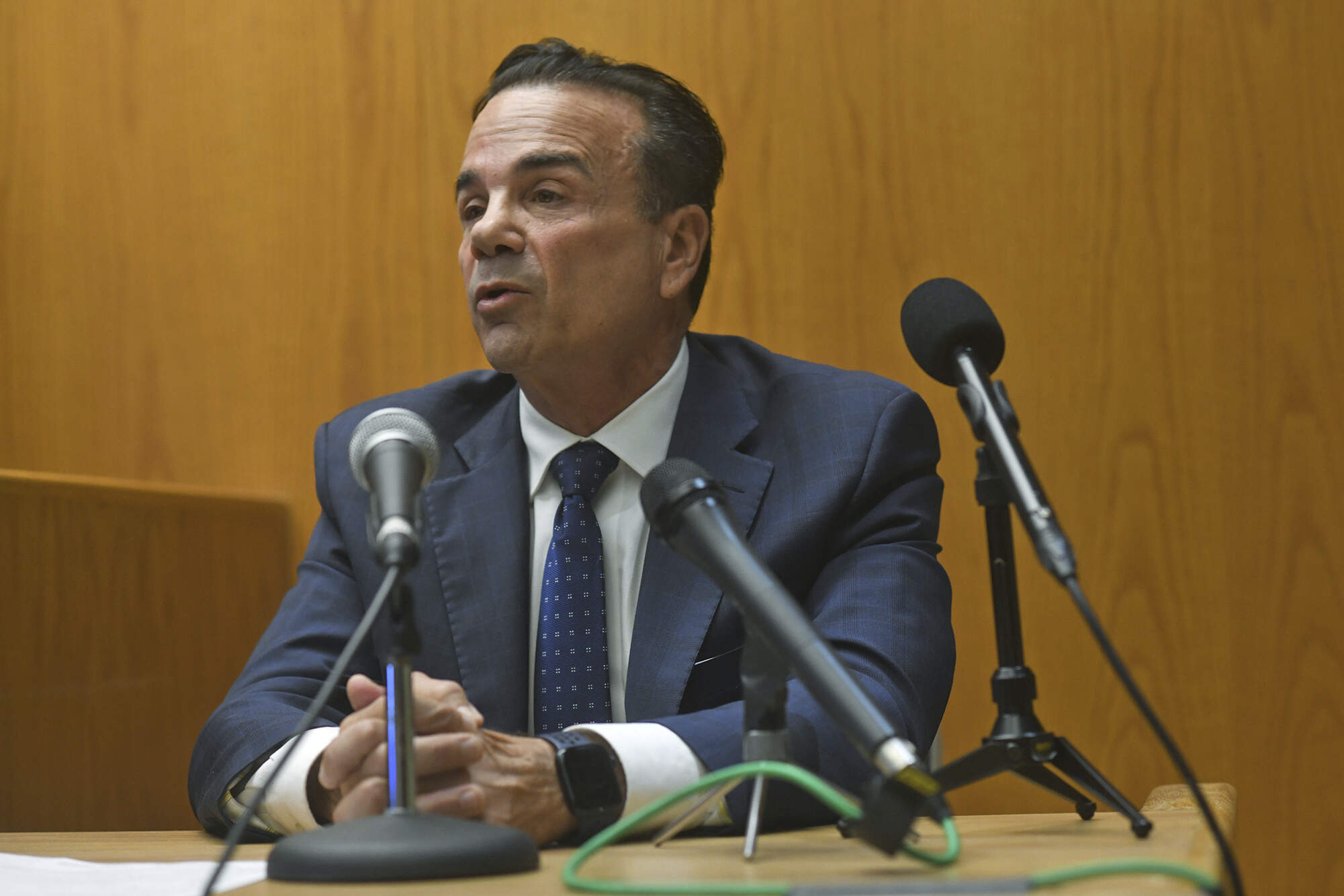 Bridgeport, Conn., Mayor Joe Ganim testifies during a hearing at Bridgeport Superior Court, Tuesday, Oct. 17, 2023, in Bridgeport, Conn. about allegations of ballot stuffing. (Ned Gerard/Hearst Connecticut Media via AP)