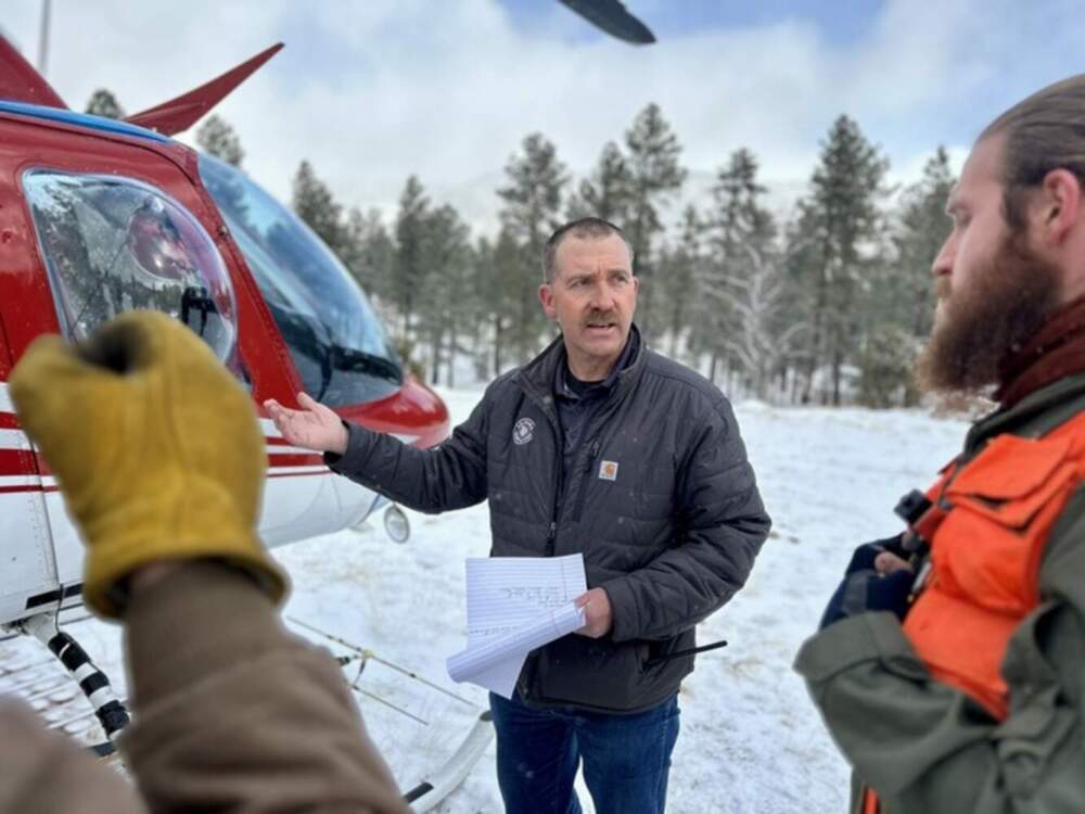 A crew from the Arizona Game and Fish Department prepares to board a helicopter during the annual Mexican gray wolf count in Alpine, Ariz. (Peter O'Dowd/Here & Now)