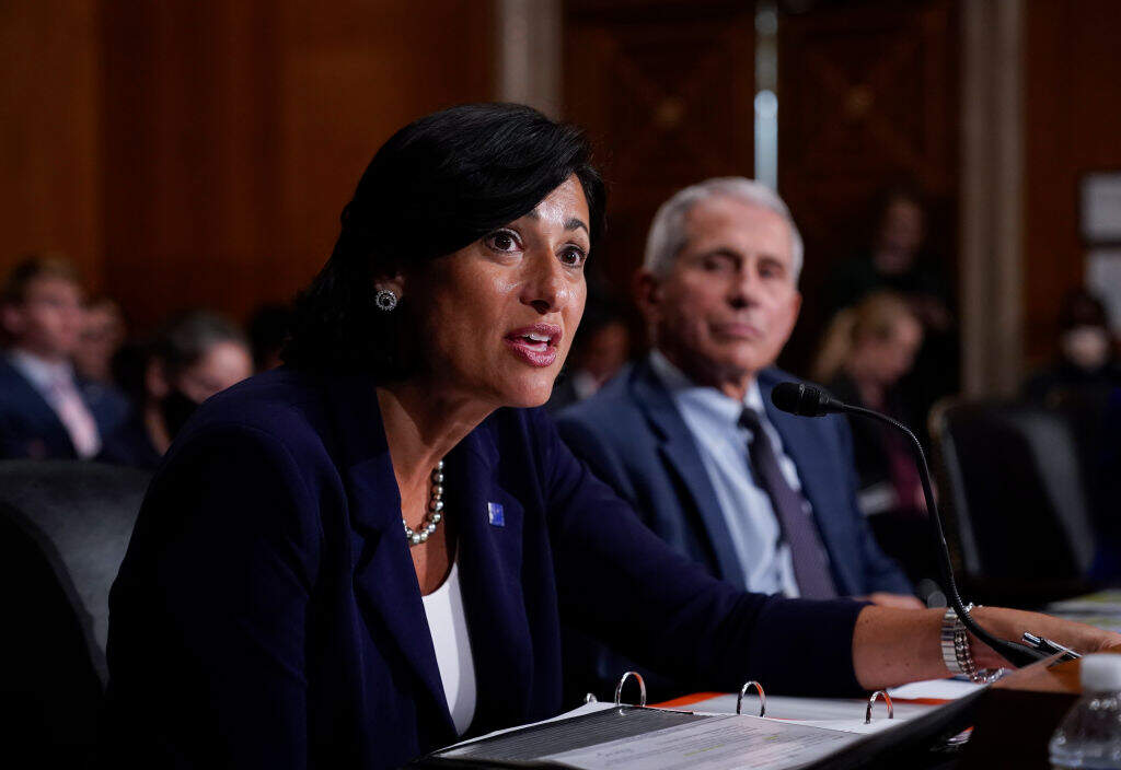 Dr. Rochelle Walensky, then-director of the CDC, and infectious disease expert Dr. Anthony Fauci during a 2021 congressional hearing. (Photo by J. Scott Applewhite-Pool/Getty Images)