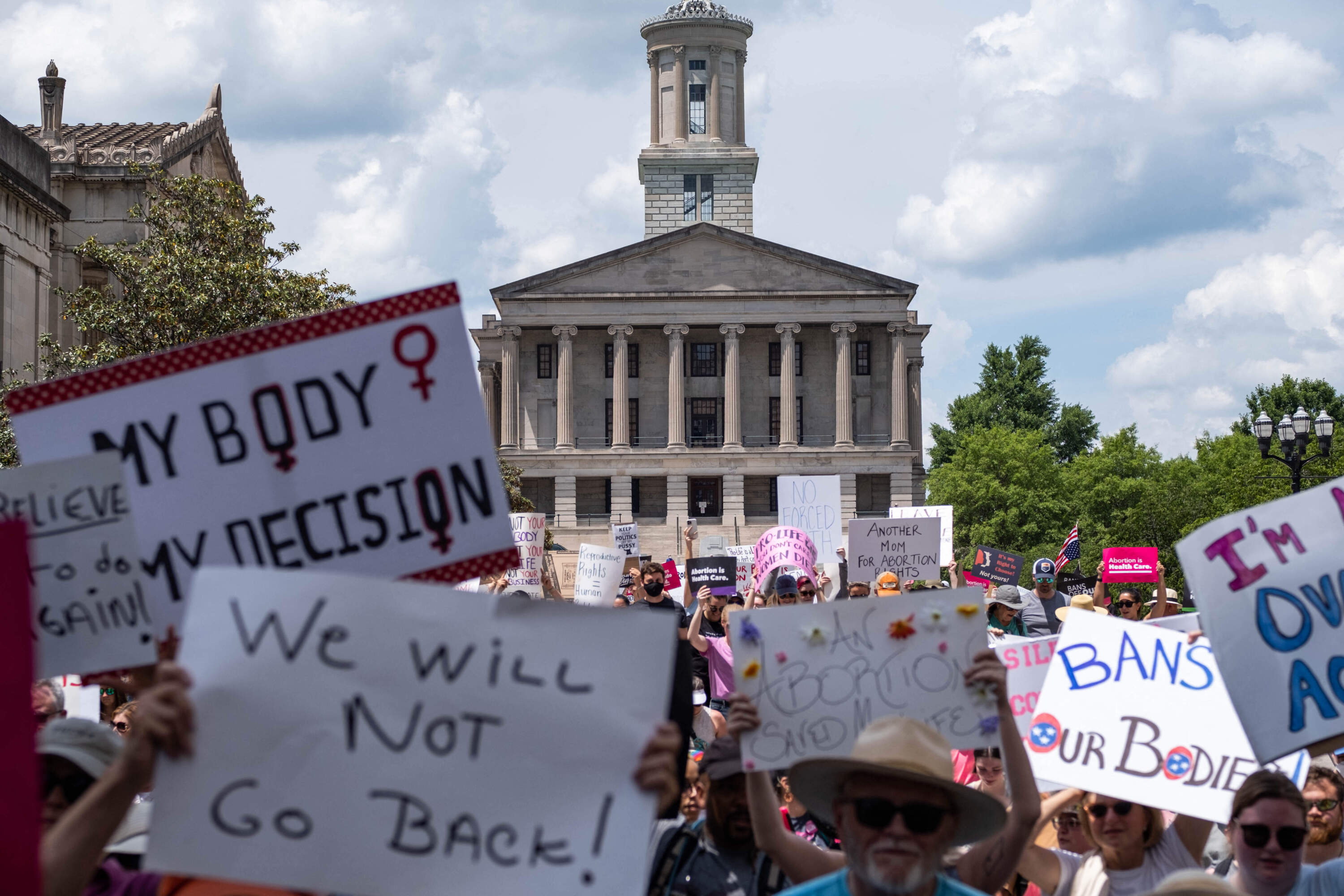 Activists march near the Tennessee State Capital building in Nashville, Tennessee, May 14,2022 as part of a nation wide protest for reproductive rights after a leak from the Supreme Court that suggest Roe v Wade will be overturned. (Seth Herald/AFP via Getty Images)