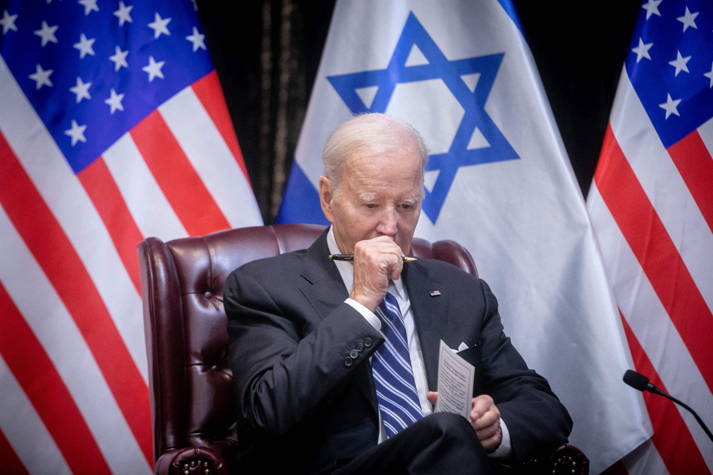 President Biden joins Israel's Prime Minister for the start of the Israeli war cabinet meeting, in Tel Aviv on Oct. 18, 2023, amid the ongoing battles between Israel and the Palestinian group Hamas. (Miriam Alster/POOL/AFP via Getty Images)