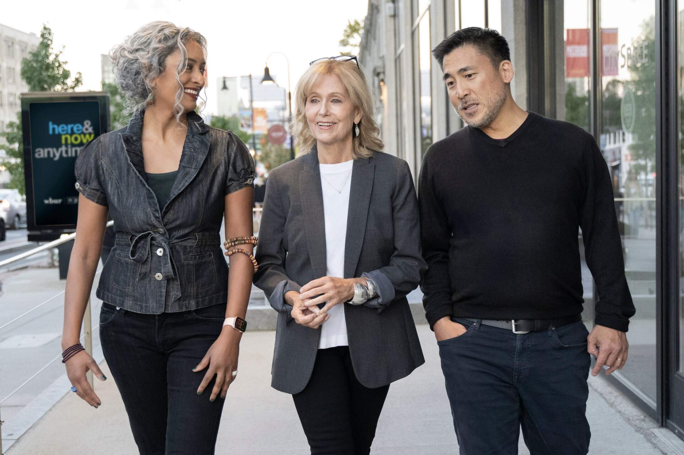 Deepa Fernandes, Robin Young and Scott Tong of Here & Now. (Liz Linder for WBUR)