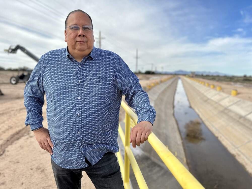 Gila River Indian Community Gov. Stephen Roe Lewis at the site of the Casa Blanca solar-over-canal project in central Arizona. (Peter O'Dowd/Here & Now)