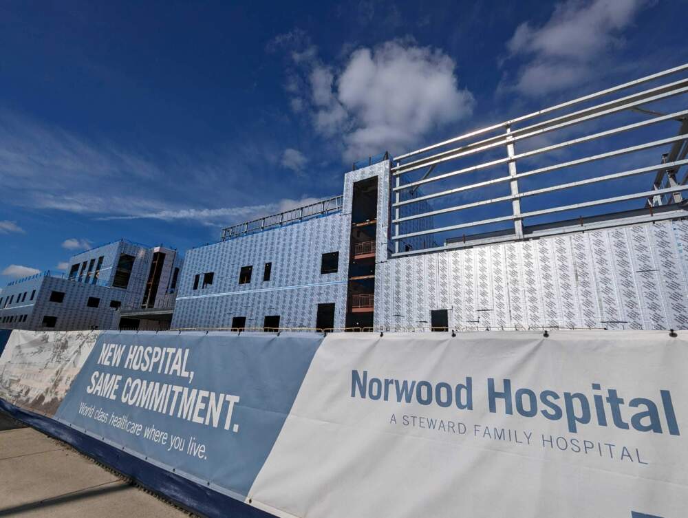 Norwood Hospital pictured on Feb. 21, 2024. The hospital is under construction, but work has stopped. (Priyanka Dayal McCluskey/WBUR)