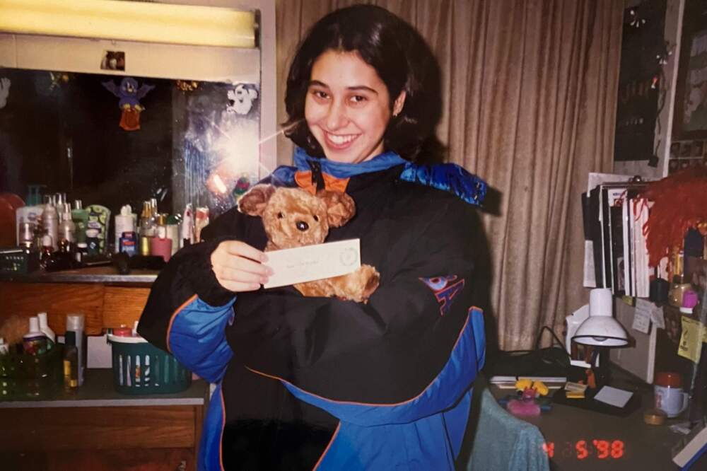 The author, headed out the door to a Boston Celtics game in her New York Knicks jacket. Boston, 1998. (Courtesy Viktoria Shulevich)