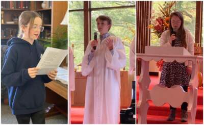 The author's children participating at church (from left to right): Marilee reads an explanation of Ash Wednesday; William speaks about his faith on the day he was confirmed; Penny speaks to her congregation during Down Syndrome Awareness Month. (Courtesy Amy Julia Becker)