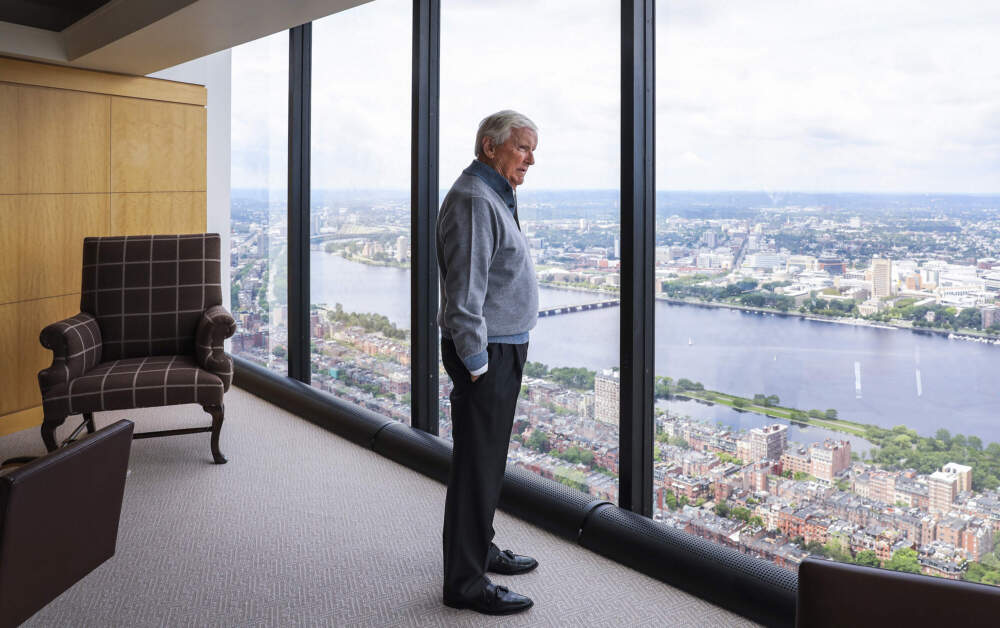 Jack Connors poses in his old downtown office, located in the Hancock Tower in Boston in July 2021. (Erin Clark/The Boston Globe via Getty Images)