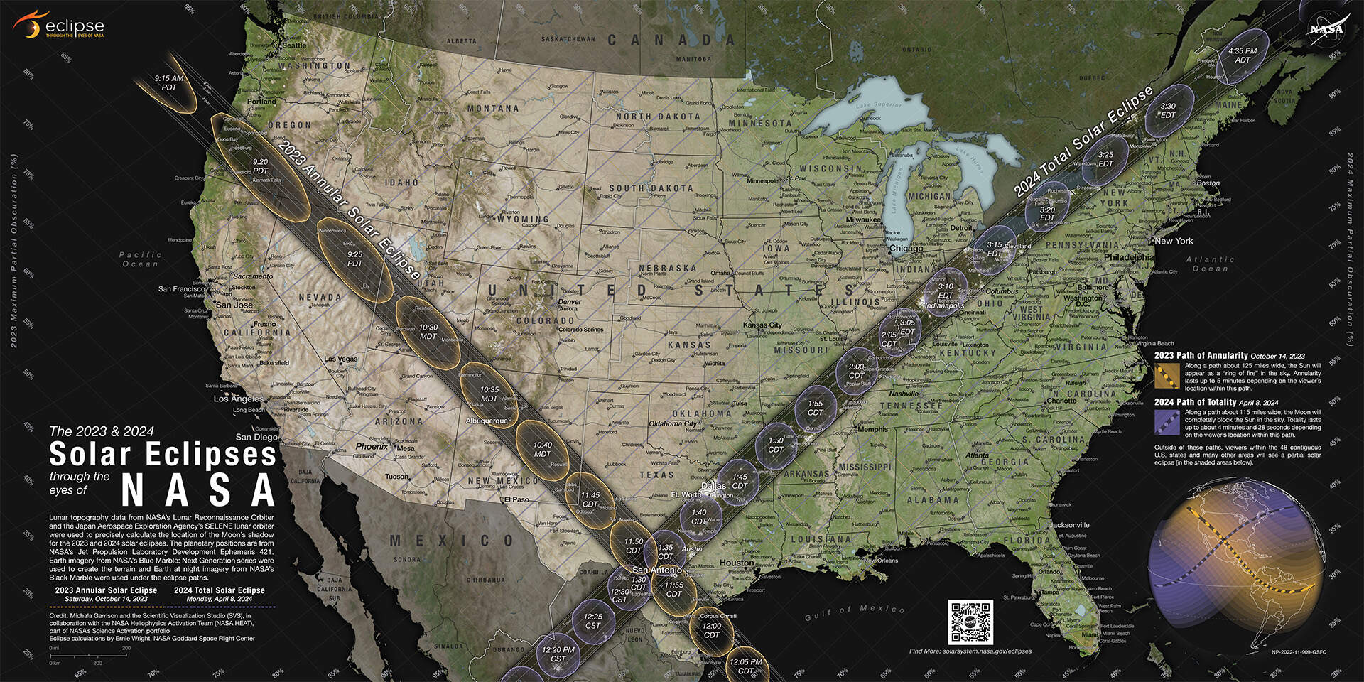 "The 2023 & 2024 Solar eclipses through the eyes of NASA" map charts the pathways of two eclipses across the United States. (Image via NASA)