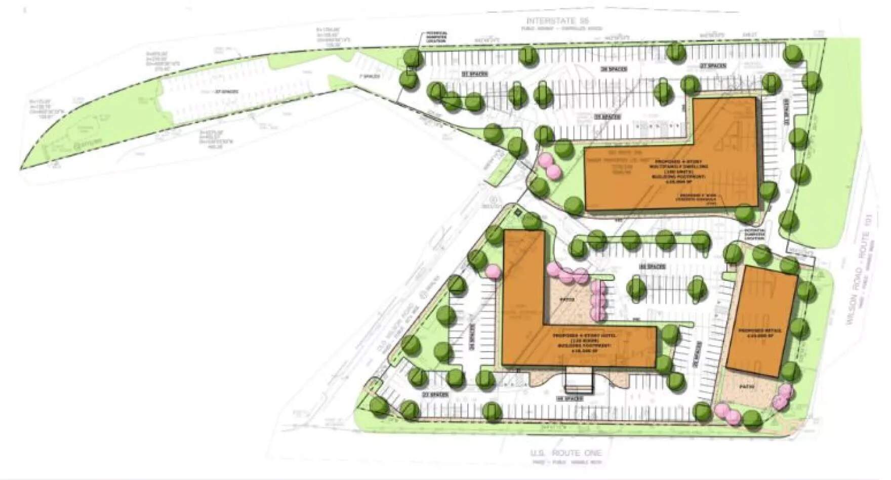 A hotel, apartment building and retail space shown in this preliminary redevelopment plan at the site of the Outlets at Kittery mall. (Courtesy of Tighe & Bond via Maine Publicc)