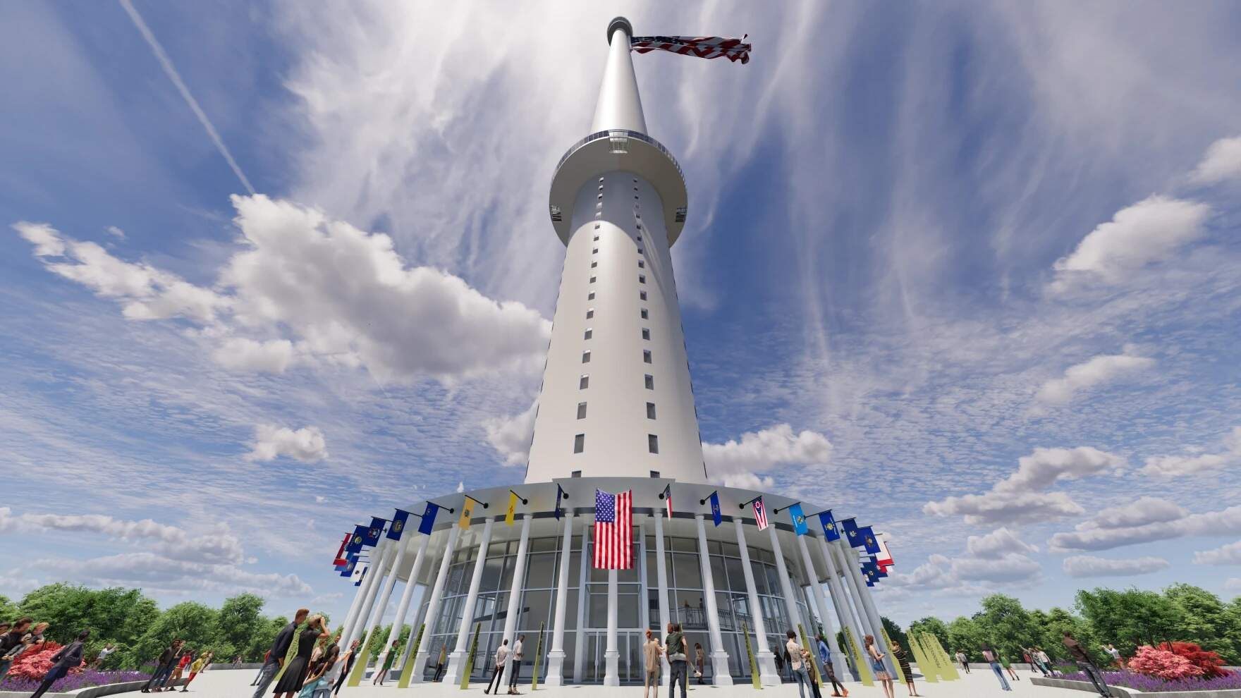 The a rendering of the Flagpole of Freedom., which would have stood 1,461 feet tall, slightly larger than the Empire State Building. (Rendering courtesy of Flagpole of Freedom Park/Black Fly Media via Maine Public)