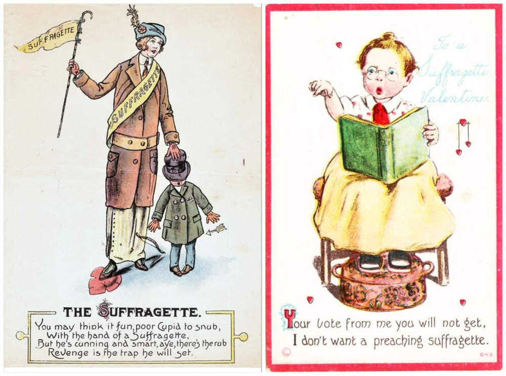 Some vinegar valentines targeted suffragettes. The valentine on the left was printed in the 1840s, and the valentine on right was printed circa 1900. (Ken Florey Suffrage Collection/Gado/Getty Images)
