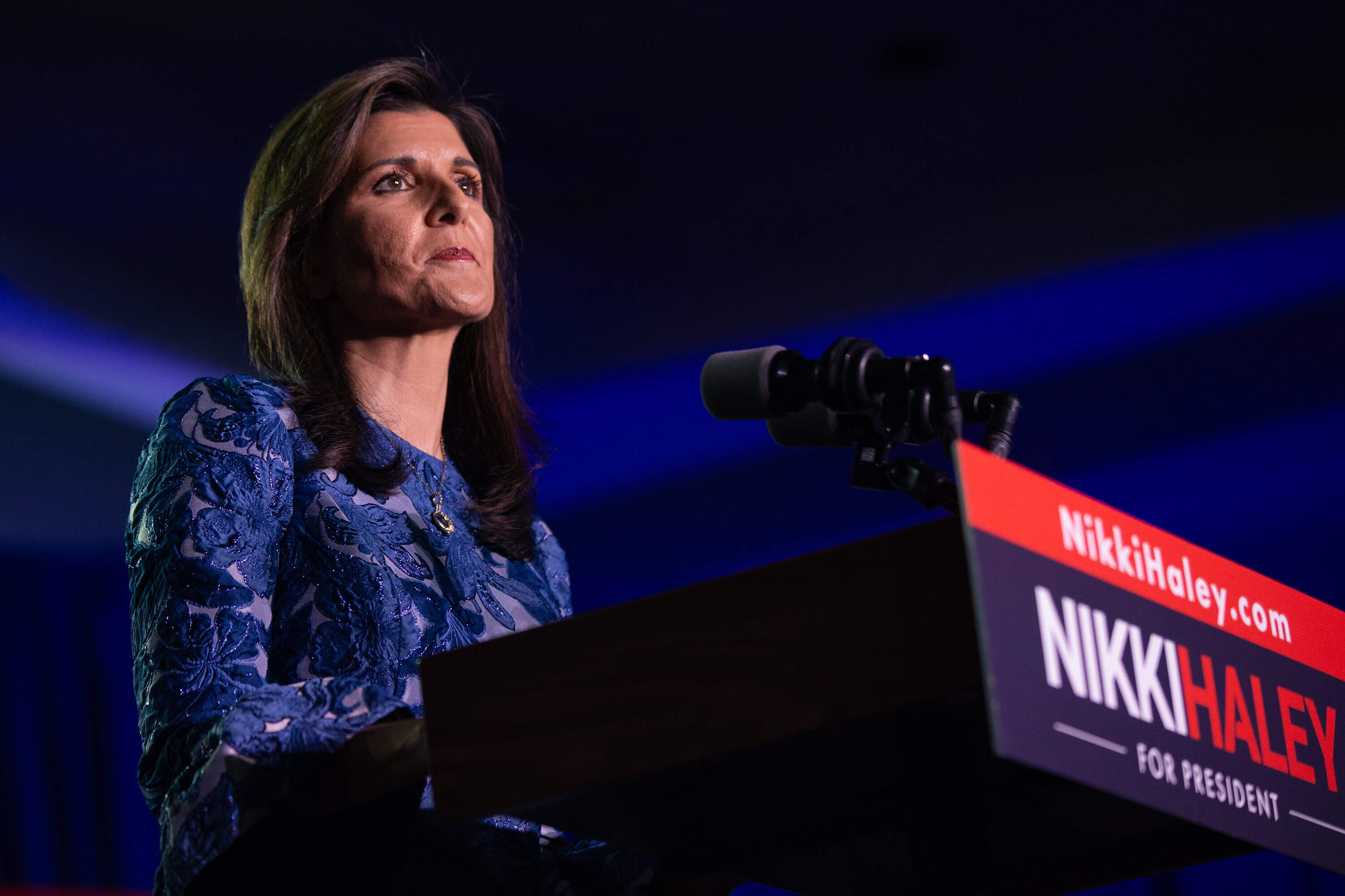 Nikki Haley speaks to her supporters at Grappone Conference Center in Concord after her loss to Donald Trump in the New Hampshire Primary. (Jesse Costa/WBUR)