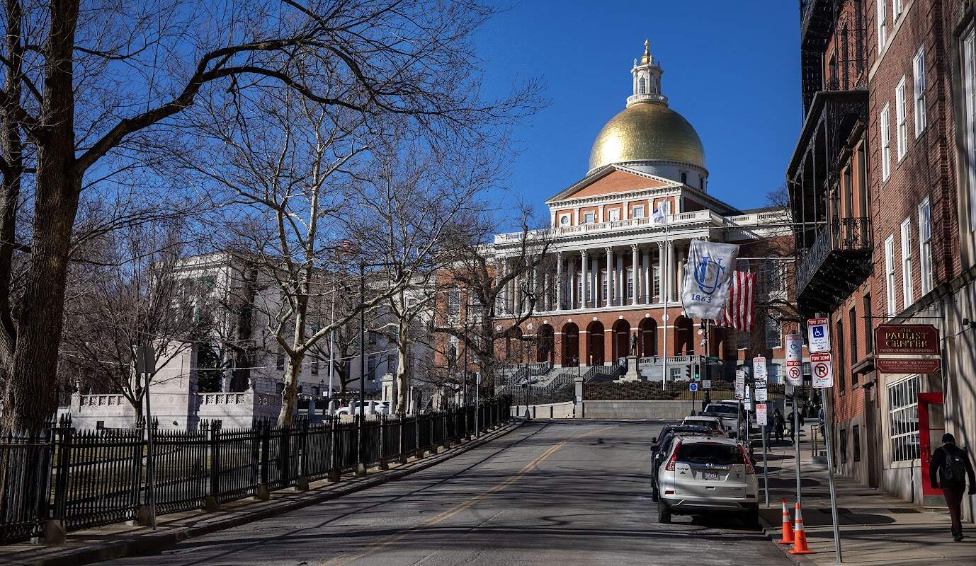 The Massachusetts State House on a sunny winter morning. (Robin Lubbock/WBUR)