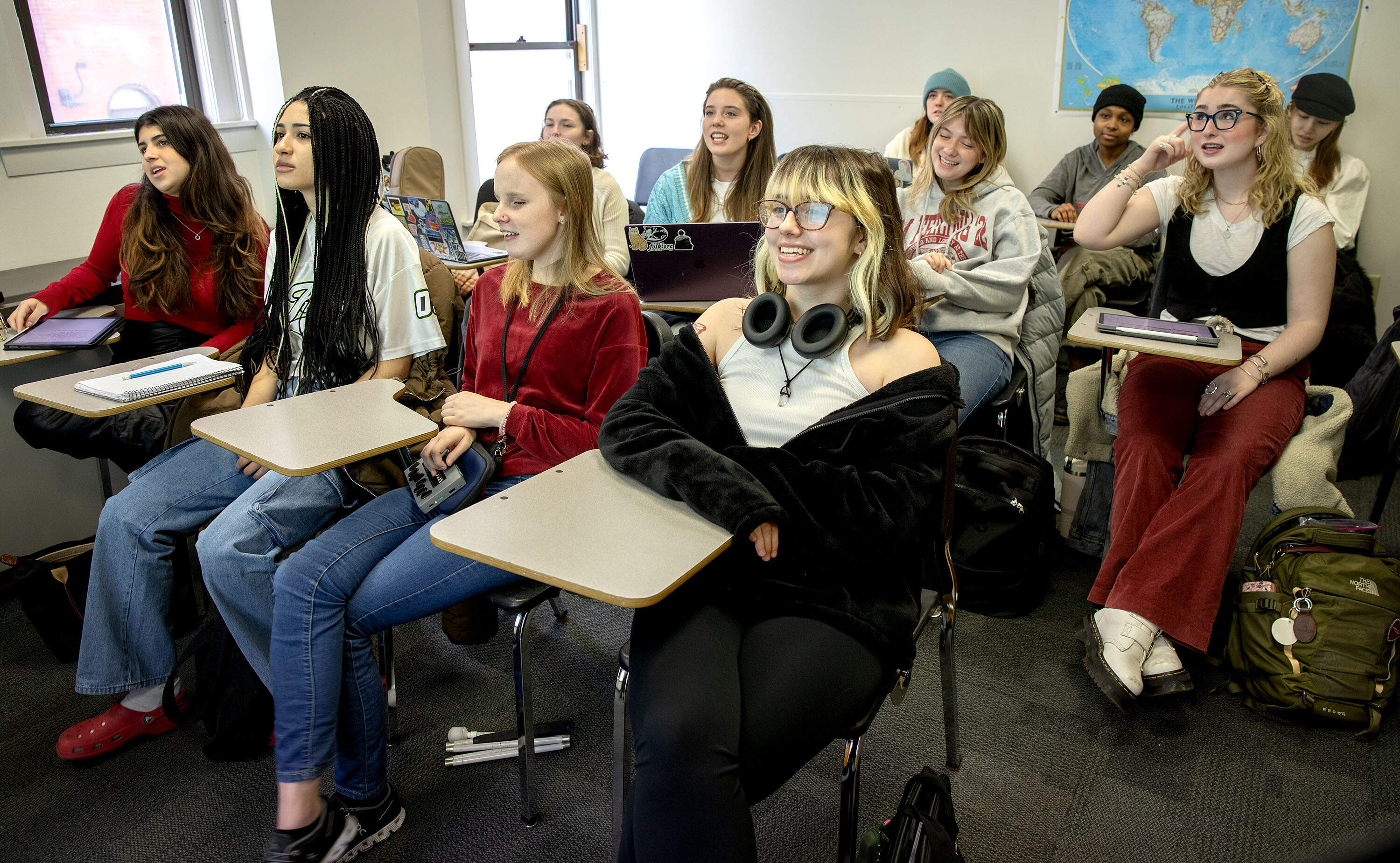 A Taylor Swift course at Harvard University garnered buzz when it launched last fall. Scarlet Keys’ class at Berklee College of Music, pictured, debuted that semester, too, and was popular enough that she offered two sections in the spring — and will offer three next semester. (Robin Lubbock/WBUR)