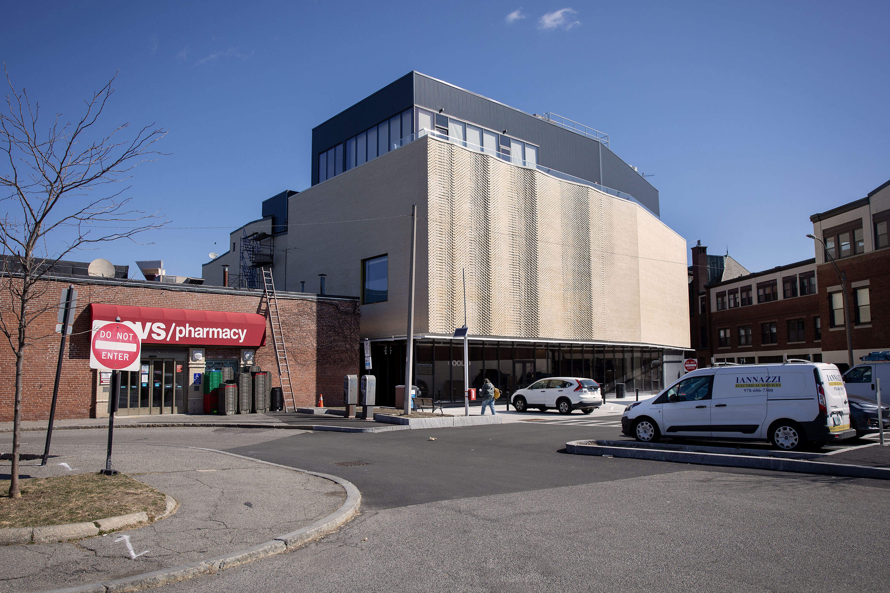 The new wing of the Coolidge Corner Theatre seen from Centre Street in Brookline. (Robin Lubbock/WBUR)